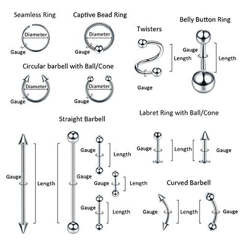 Oveta 150PCS Body Piercing Jewelry Lot 14G 16G 20G Stainless Assorted Styles