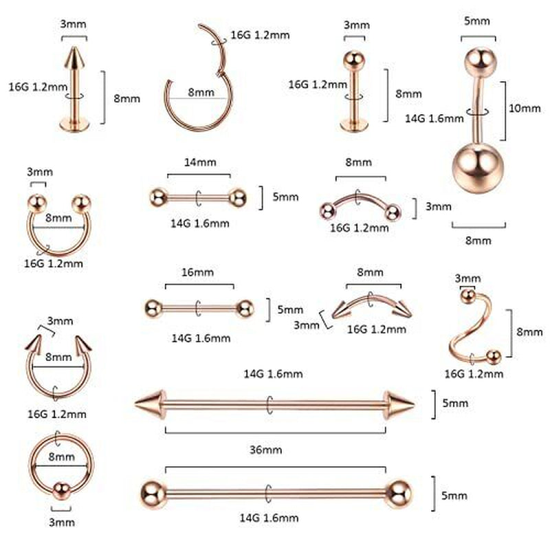 Oveta 150PCS Body Piercing Jewelry Lot 14G 16G 20G Stainless Assorted Styles
