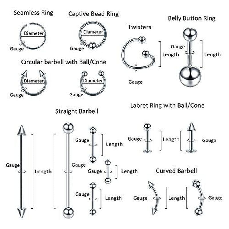 Oveta 150PCS Body Piercing Jewelry Lot 14G 16G 20G Stainless Assorted Styles